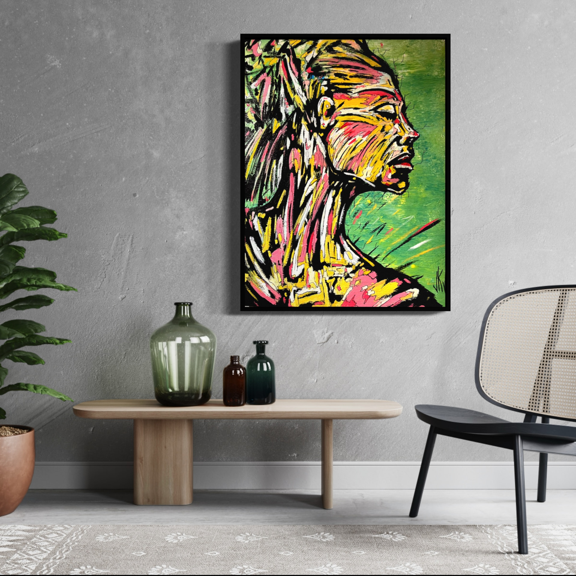 Painting of a figure in profile against a lime green wall, hung above a wooden bench with colored glass bottles