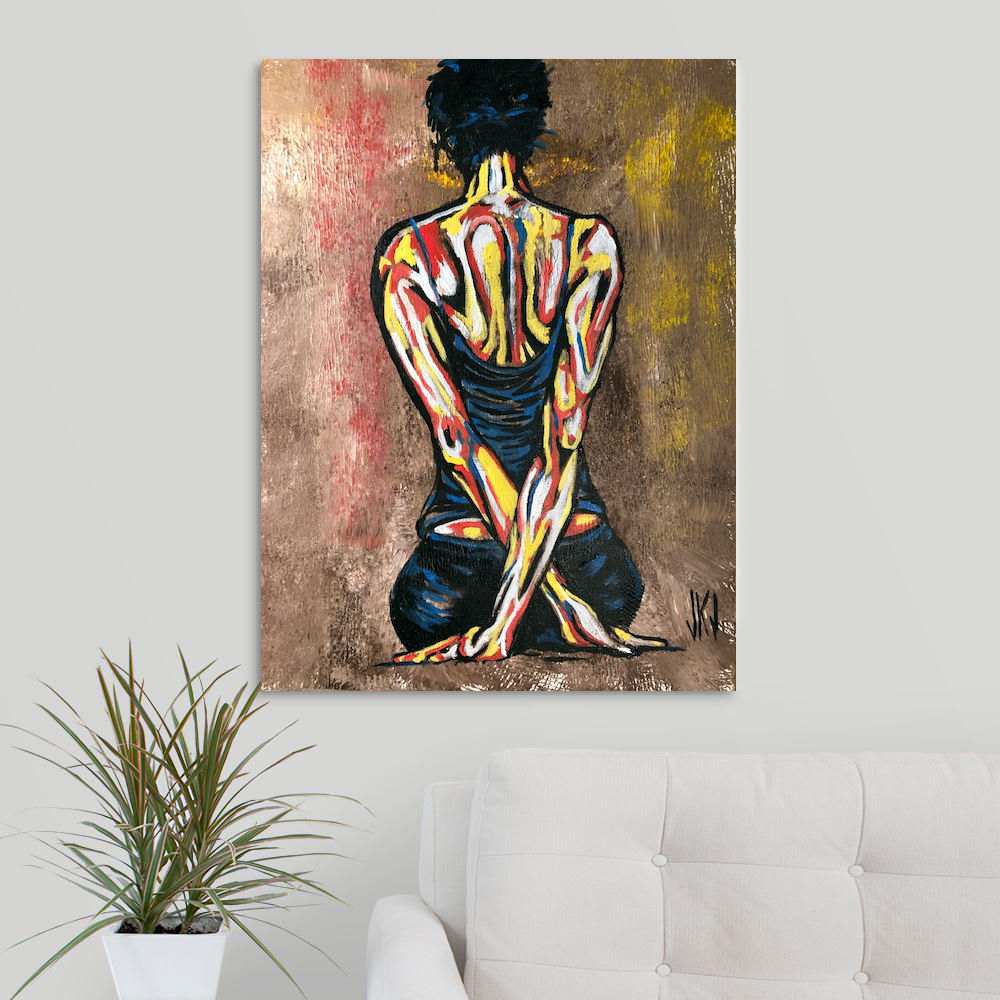 Painting of a kneeling figure in bold yellow, red and blue strokes, hung on a white wall above a sofa and plant