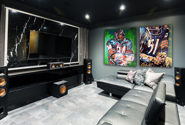 John Kirkpatrick paintings hanging in a man cave